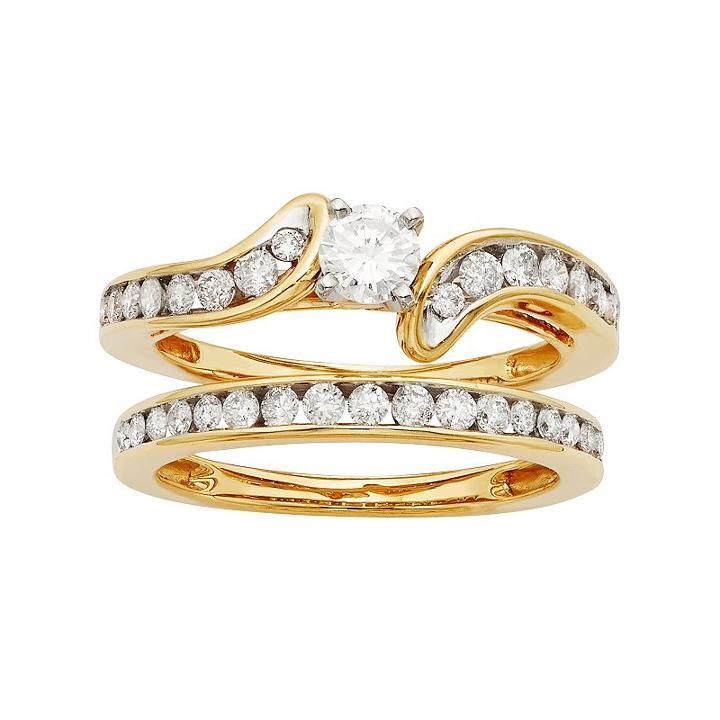 14k Gold Igl Certified 1 Carat T.w. Diamond Bypass Engagement Ring Set, Women's, Size: 8, Yellow