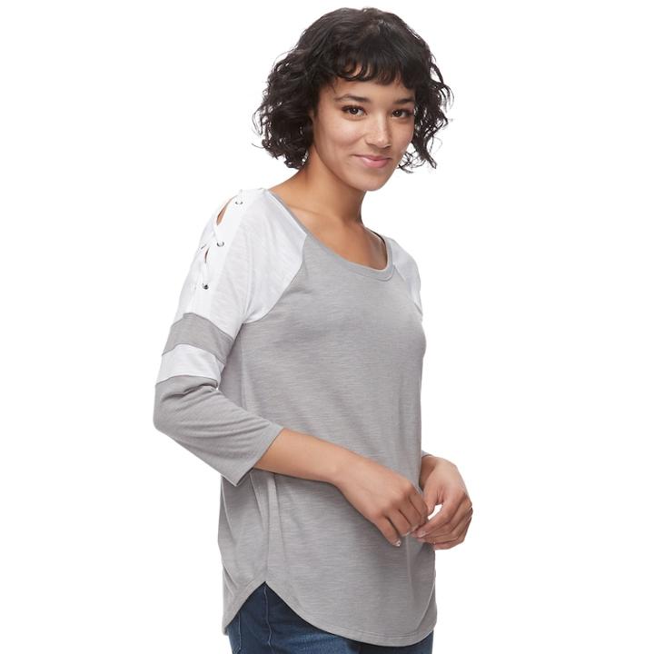 Juniors' So&reg; Lace-up Raglan Tee, Teens, Size: Xs, Grey (charcoal)