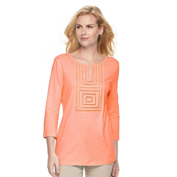Women's Croft & Barrow® Open-work Slubbed Tee, Size: Large, Med Orange