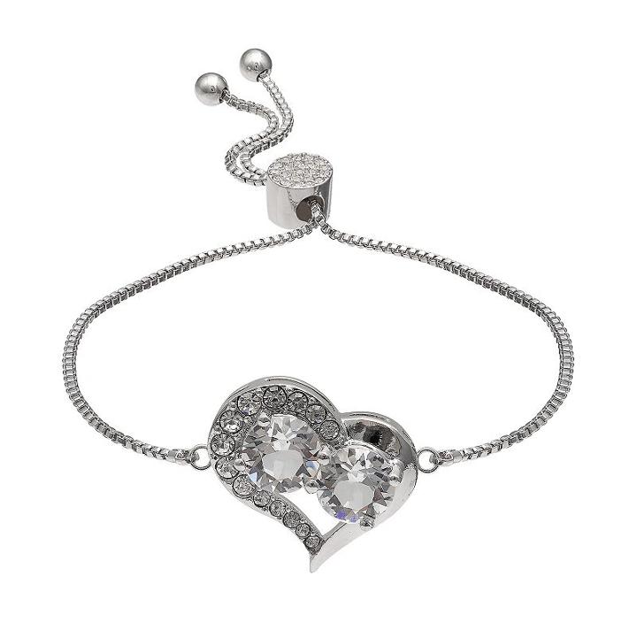 Brilliance Silver Plated Heart Bolo Bracelet With Swarovski Crystals, Women's, White