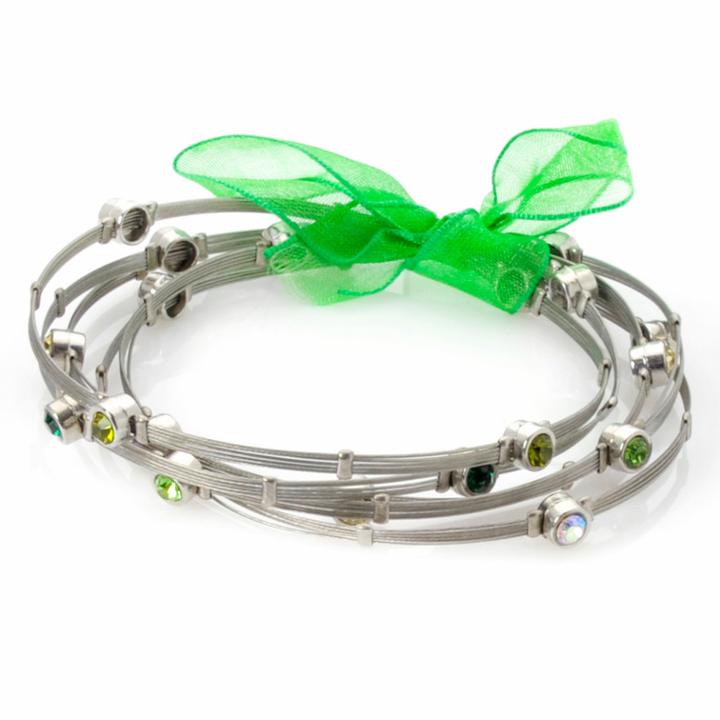 Silver Plate And Stainless Steel Crystal Wire Bangle Bracelet Set, Green