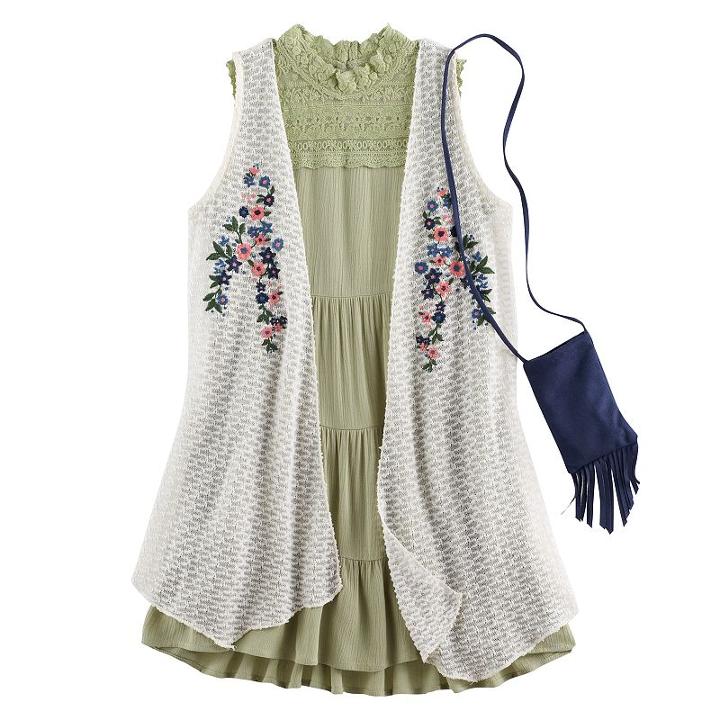 Girls 7-16 Knitworks Floral Embroidered Duster Vest & Lace Highneck Tiered Dress Set With Fringe Crossbody Cell Phone Purse, Girl's, Size: 8, Med Green