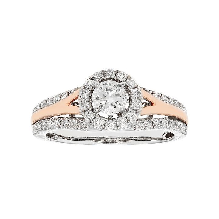 Two Tone 14k Gold 3/4 Carat T.w. Igl Certified Diamond Halo Engagement Ring, Women's, Size: 7, White