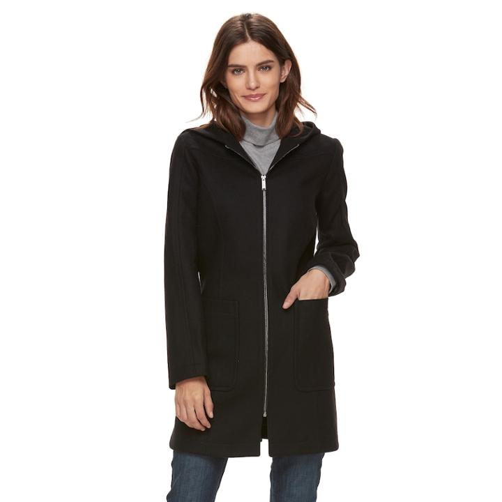 Women's Tower By London Fog Hooded Wool Blend Coat, Size: Small, Black