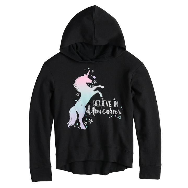Girls 7-16 & Plus Size So&reg; Fleece Pullover Graphic Hoodie, Size: 10, Black