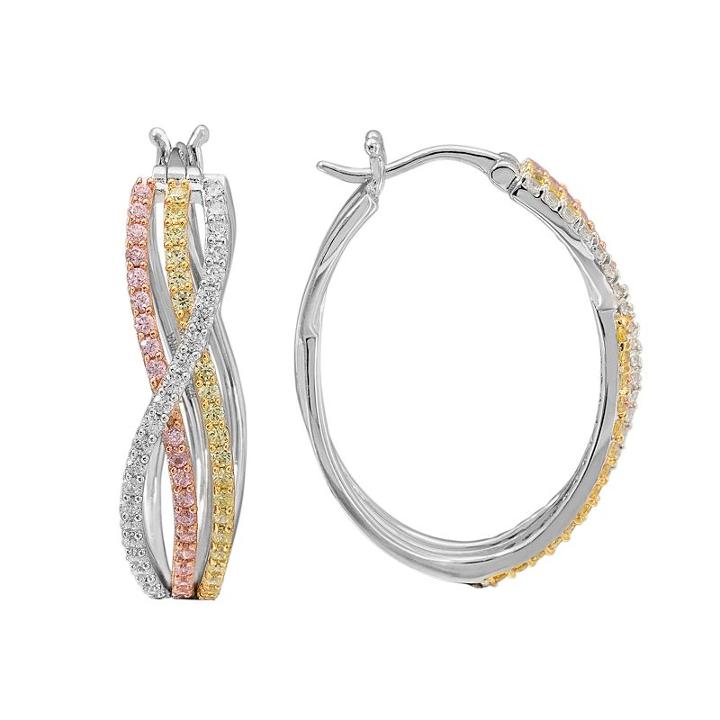 Tri Tone 18k Gold Over Silver Cubic Zirconia Twist Hoop Earrings, Women's, Multicolor