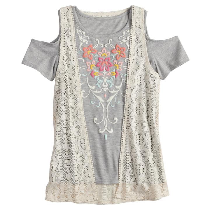 Girls 7-16 & Plus Size Mudd&reg; Cold Shoulder Graphic Print Tee & Crochet Vest Set, Size: 18 1/2, Grey