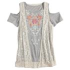 Girls 7-16 & Plus Size Mudd&reg; Cold Shoulder Graphic Print Tee & Crochet Vest Set, Size: 18 1/2, Grey