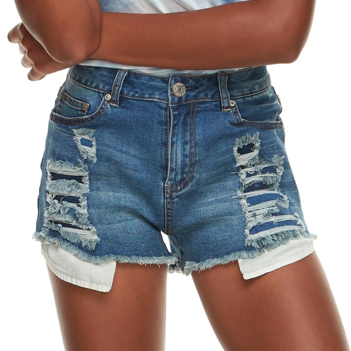 Juniors' Almost Famous High-waisted Frayed Rip & Repair Denim Shorts, Teens, Size: 13, Dark Blue