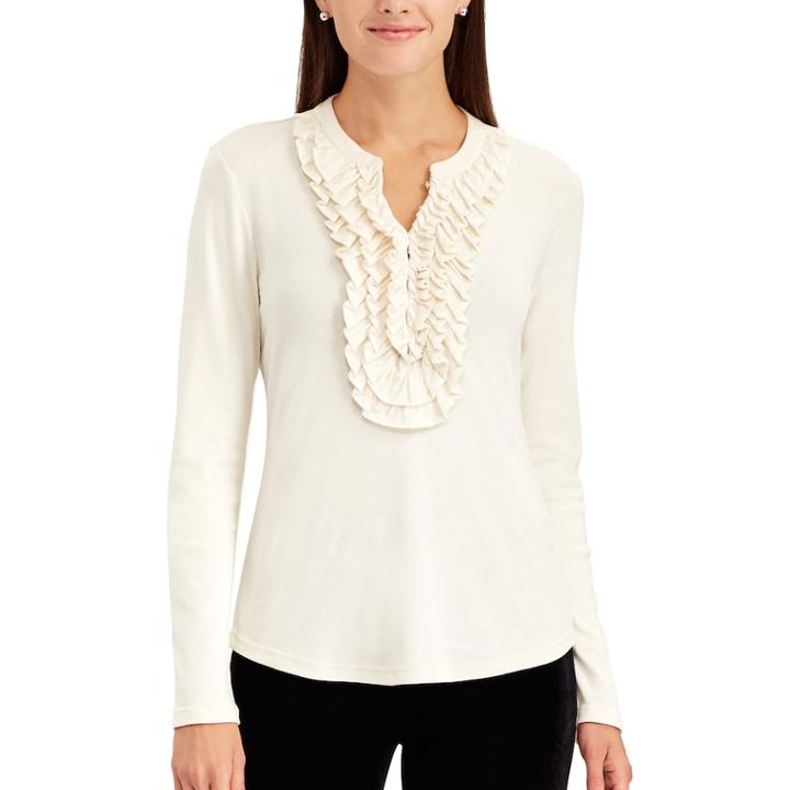 Women's Chaps Ruffled Henley, Size: Xs, Natural