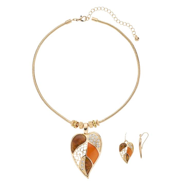 Multicolor & Crystal Leaf Pendant Necklace & Earring Set, Women's, Green