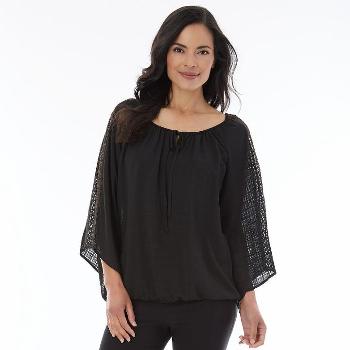 Women's Ab Studio Lace-trim Peasant Top, Size: Medium, Black