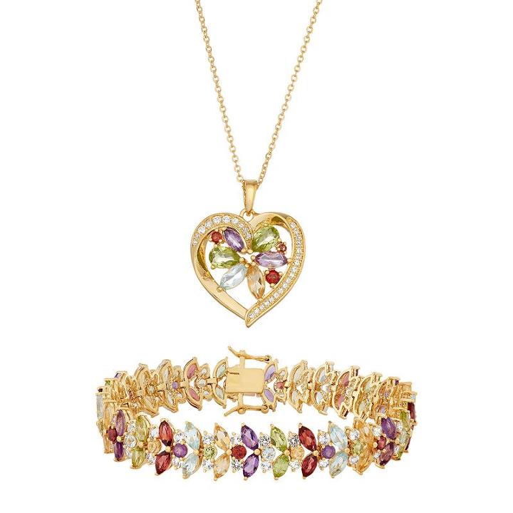 18k Gold Plated Gemstone Heart Pendant & Bracelet Set, Women's, Red