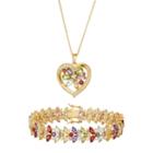 18k Gold Plated Gemstone Heart Pendant & Bracelet Set, Women's, Red