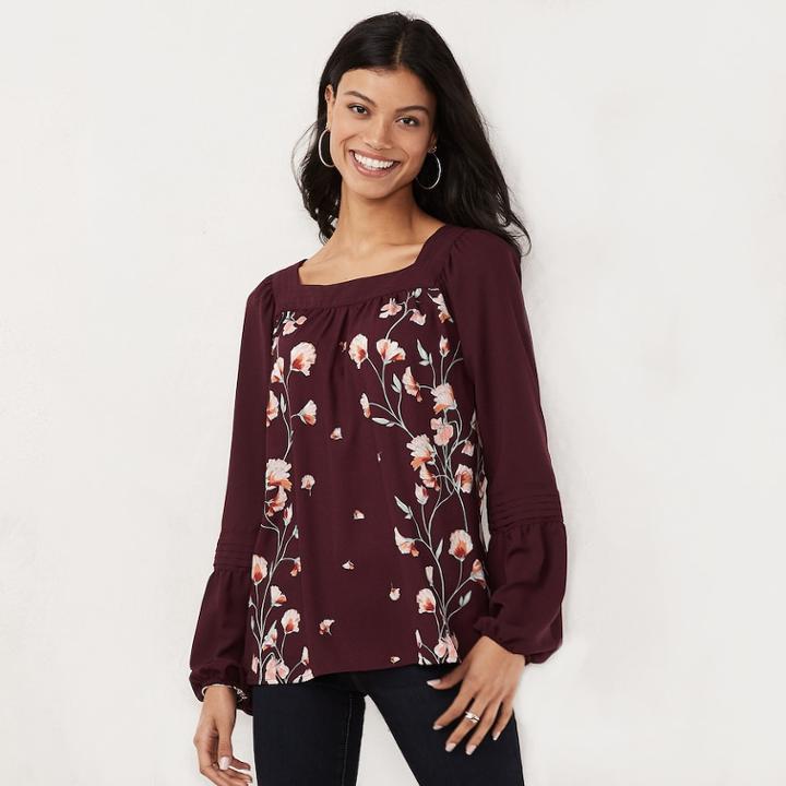 Petite Lc Lauren Conrad Love, Lauren Shirred Peasant Top, Women's, Size: S Petite, Lt Purple