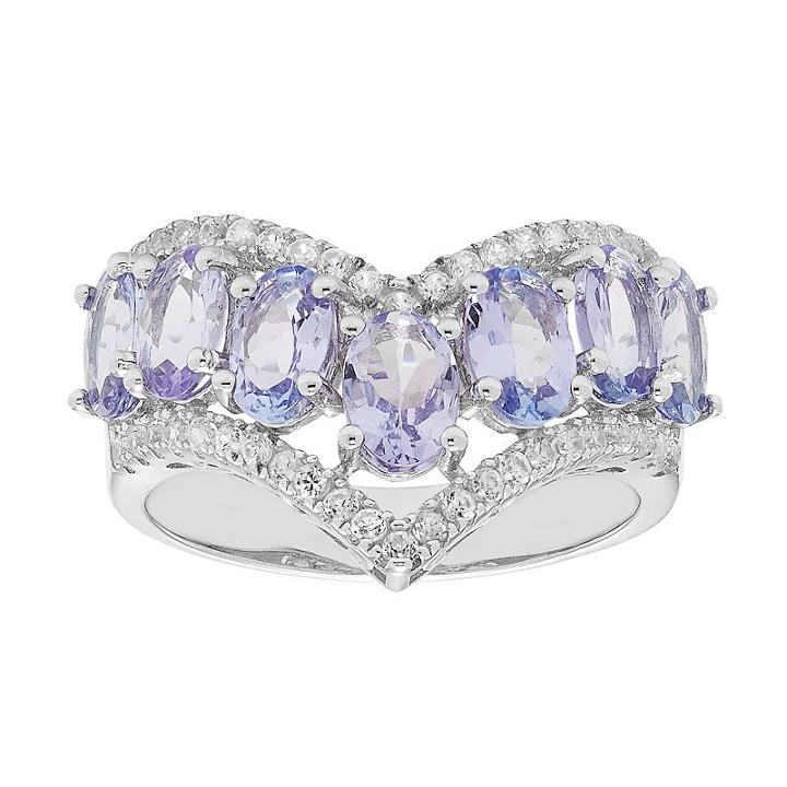 Sterling Silver Tanzanite & White Zircon V Ring, Women's, Size: 7, Blue
