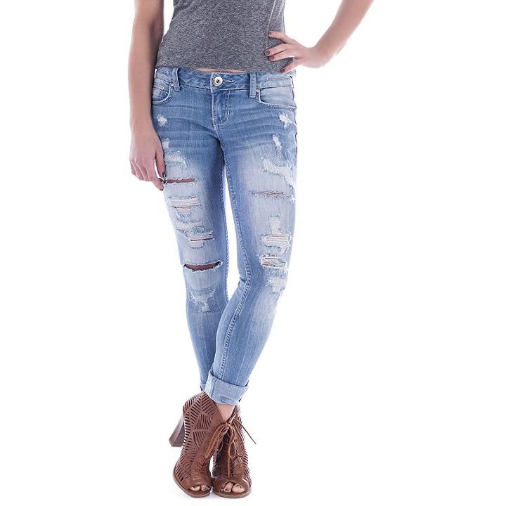 Juniors' Amethyst Rolled Ripped Skinny Jeans, Girl's, Size: 13, Dark Blue