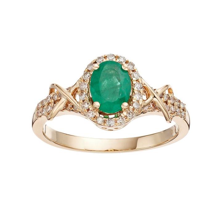 10k Gold Emerald & 1/4 Carat T.w. Diamond Halo Ring, Women's, Size: 5, Green