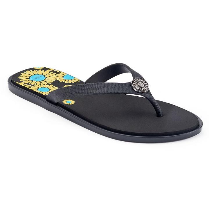 Love This Life Rhinestone Sunflower Print Flip Flops, Women's, Size: Large, Black
