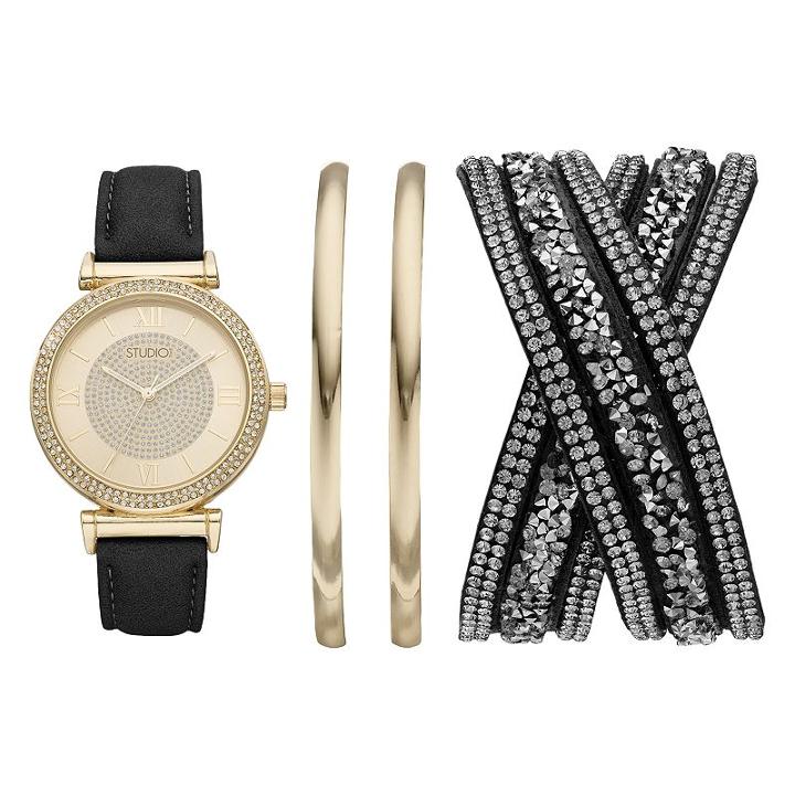 Studio Time Women's Crystal Watch & Bracelet Set, Size: Medium, Black