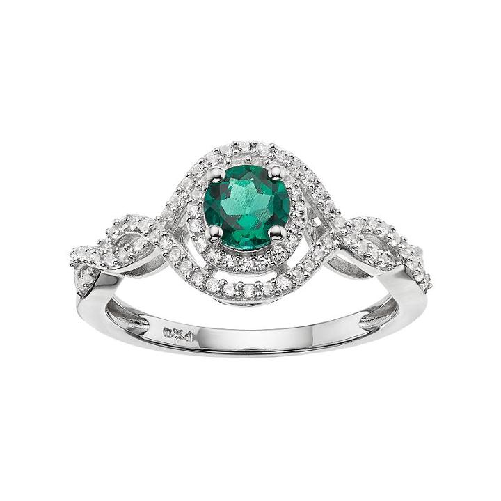 Sterling Silver Lab-created Emerald & White Sapphire Halo Ring, Women's, Size: 6, Green