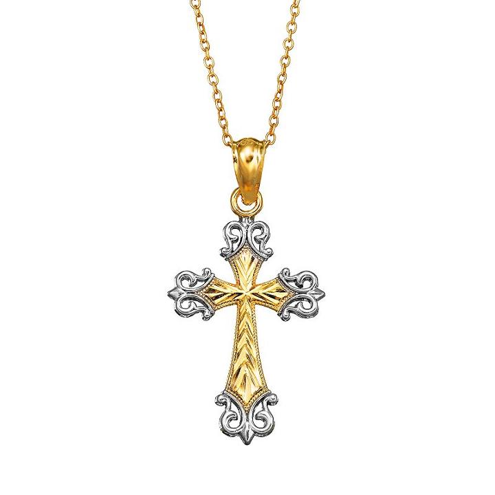 Charming Girl 14k Gold Vermeil Two Tone Textured Cross Pendant Necklace - Kids, Size: 15, Yellow