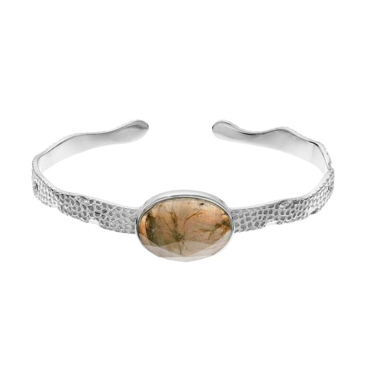 Labradorite Silver Plated Textured Cuff Bracelet, Women's, Grey