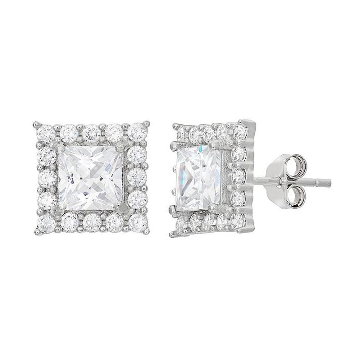 Cubic Zirconia Sterling Silver Square Halo Stud Earrings, Women's, White
