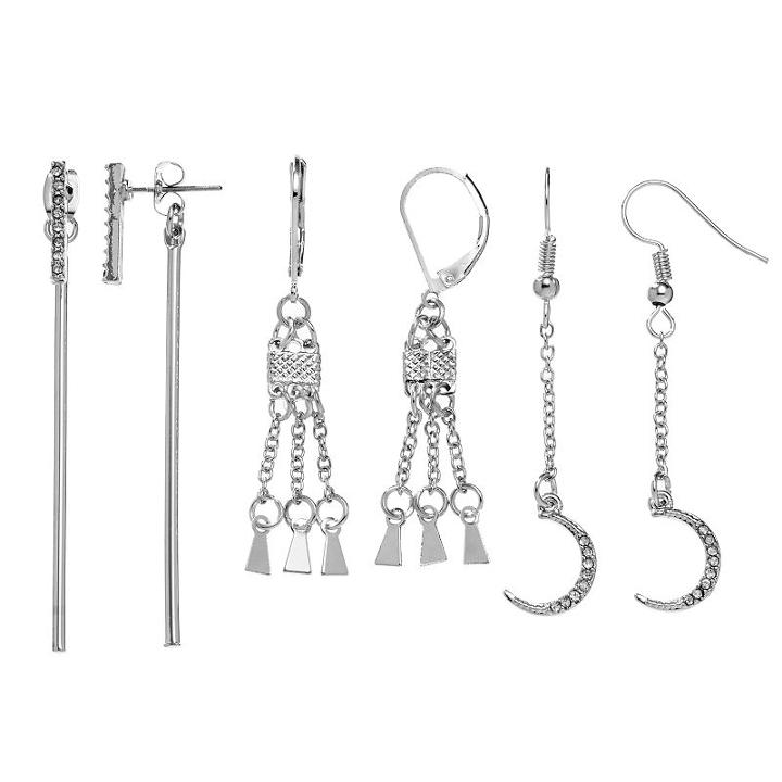Mudd&reg; Fringe, Crescent & Bar Front-back Nickel Free Drop Earring Set, Women's, Silver