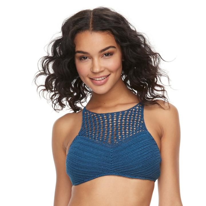 Mix And Match Crochet High-neck Bikini Top, Teens, Size: Large, Dark Blue