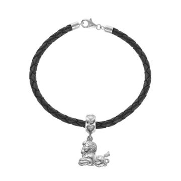 Logoart Sterling Silver & Leather Phi Mu Sorority Lion Bracelet, Women's, Size: 7.5, Grey