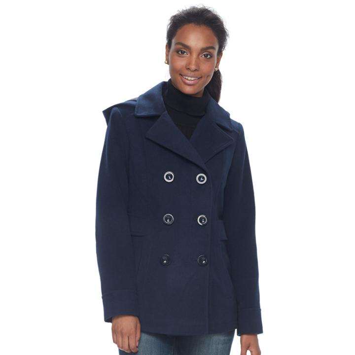 Women's D.e.t.a.i.l.s Hooded Double Breasted Faux-wool Peacoat, Size: Large, Blue