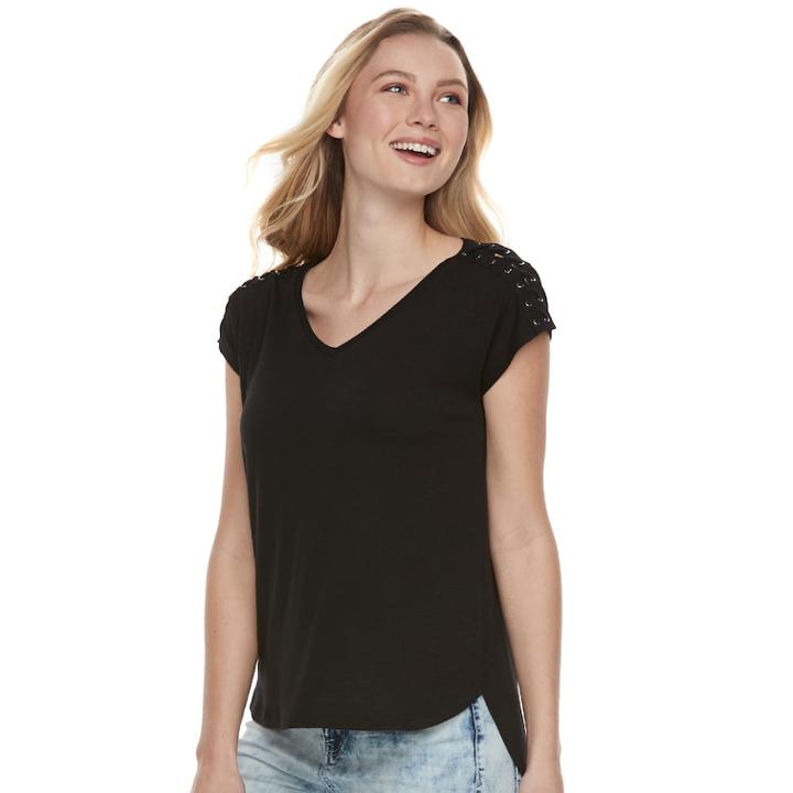 Juniors' Pink Republic Lace-up Shoulder Solid Tee, Teens, Size: Xs, Black
