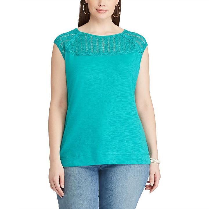 Plus Size Chaps Lace-trim Tee, Women's, Size: 2xl, Blue