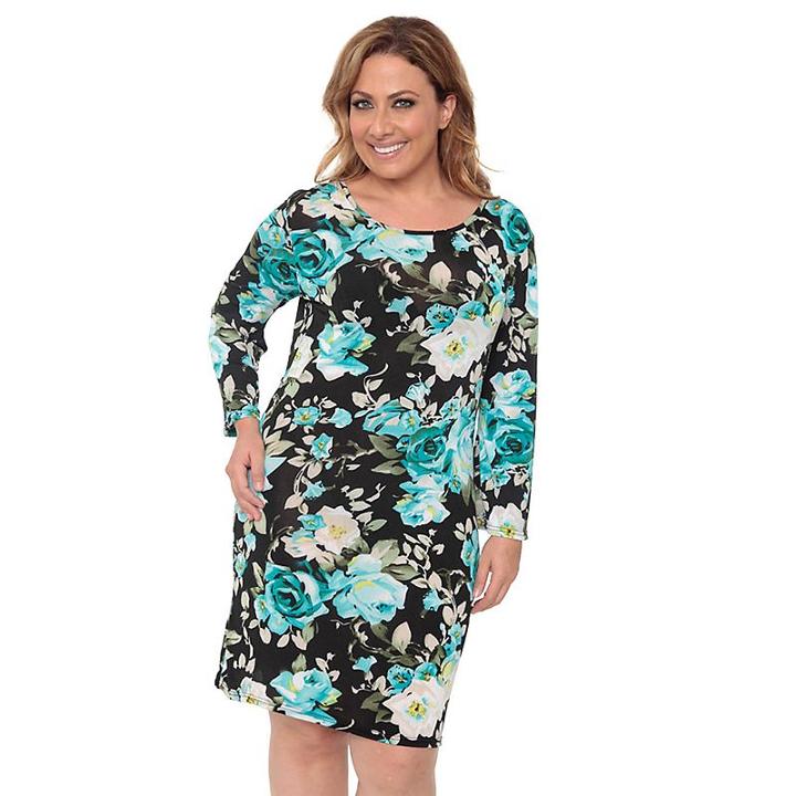 Plus Size White Mark Printed Shift Dress, Women's, Size: 2xl, Blue