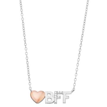 Close At Heart Two Tone Sterling Silver Cubic Zirconia Heart & Bff Necklace, Women's