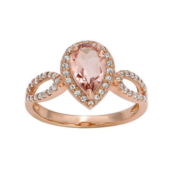 14k Rose Gold Over Silver Morganite Triplet And Lab-created White Sapphire Halo Ring, Women's, Size: 5, Light Pink