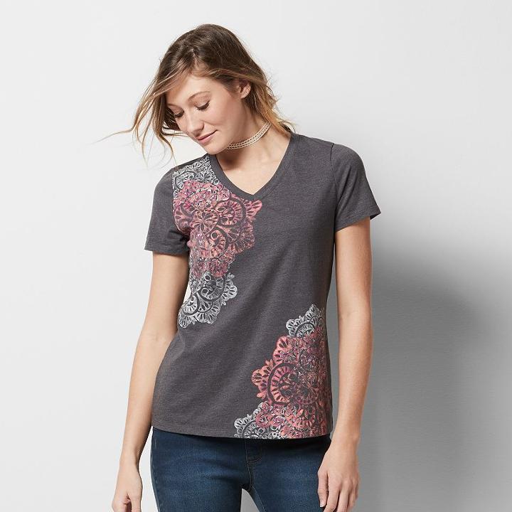 Women's Graphic V-neck Tee, Size: Xl, Light Grey