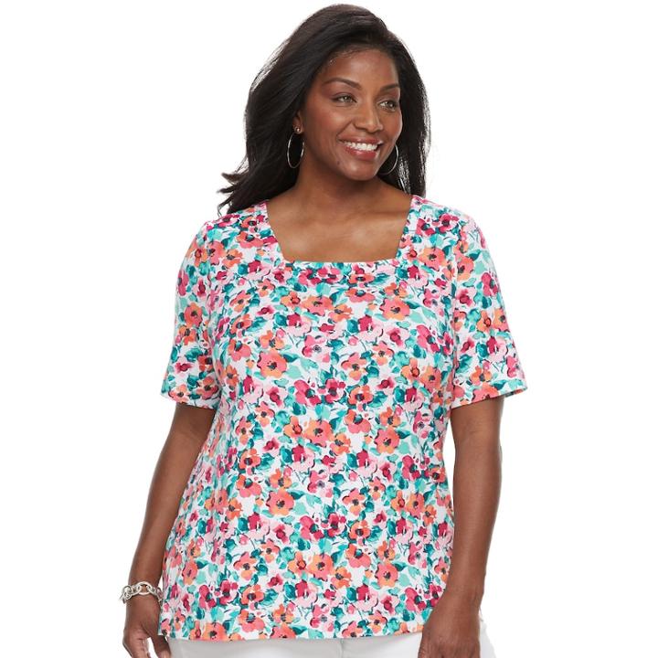 Plus Size Croft & Barrow&reg; Squareneck Elbow Sleeve Tee, Women's, Size: 1xl, Med Pink