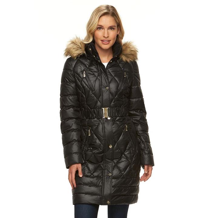 Women's Halitech Hooded Belted Puffer Walker Coat, Size: Medium, Black