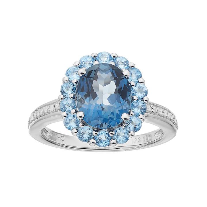 Sterling Silver London Blue Topaz, Blue Topaz & 1/10 Carat T.w. Diamond Oval Halo Ring, Women's, Size: 5