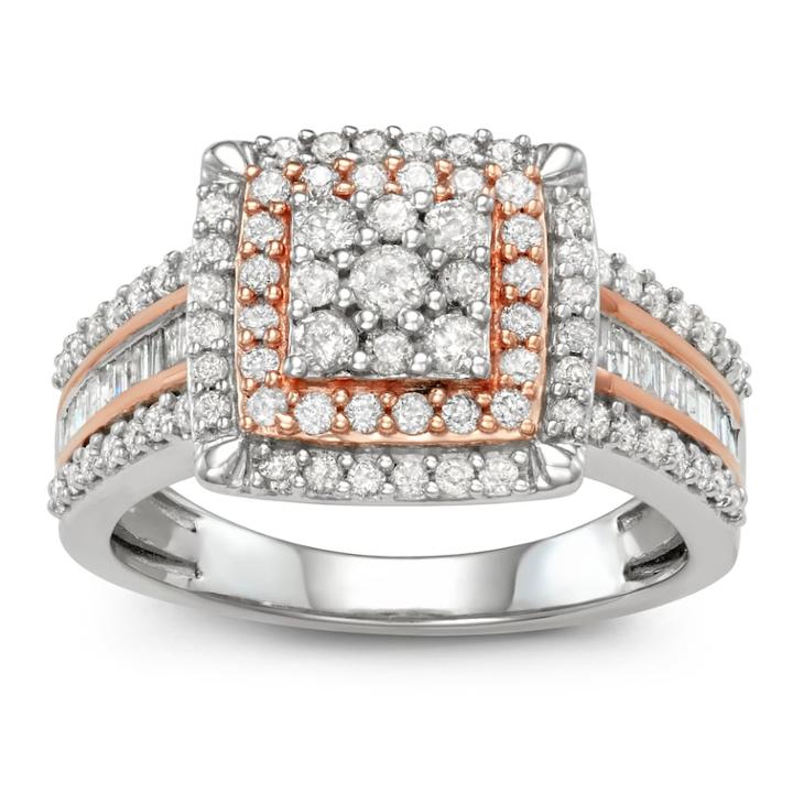 Two Tone 10k White Gold 1 Carat T.w. Diamond Square Halo Cluster Ring, Women's, Size: 7