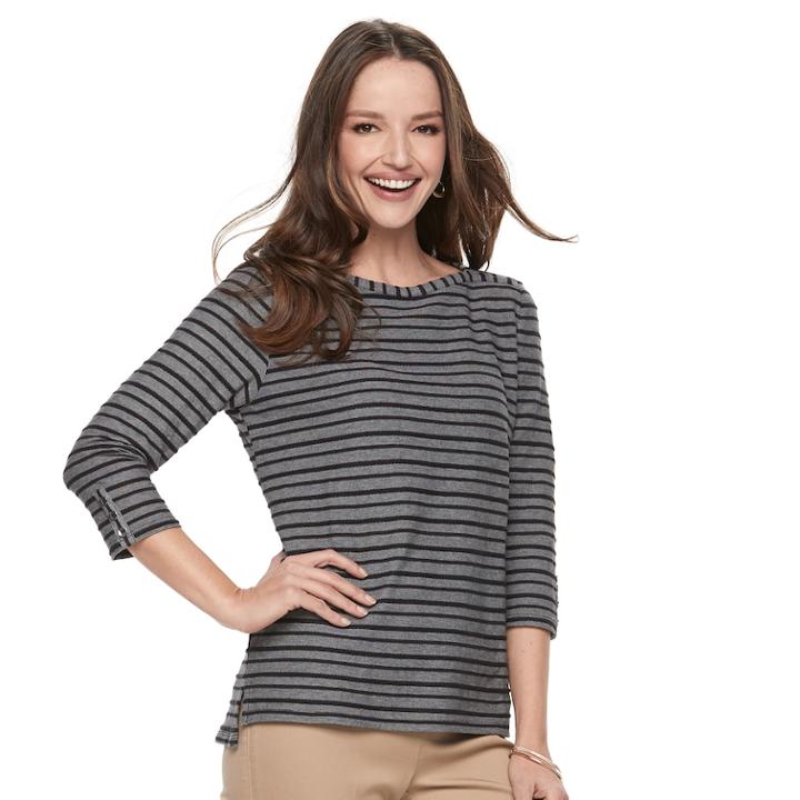 Women's Croft & Barrow&reg; Striped Button Sleeve Tee, Size: Large, Natural