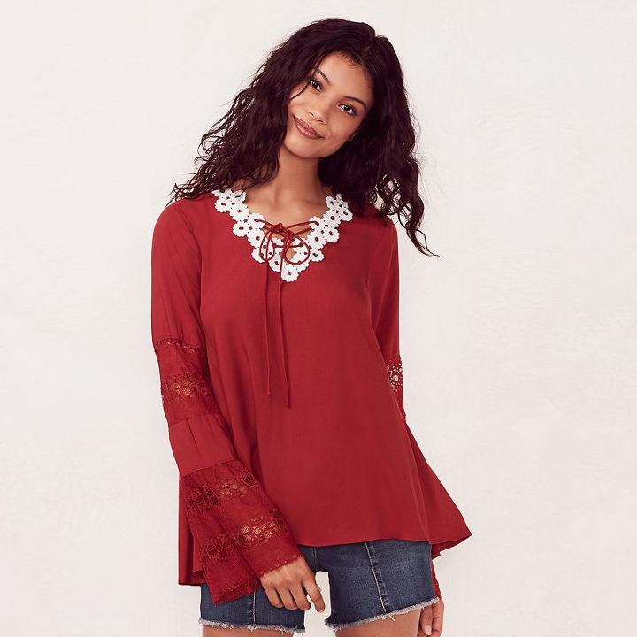 Women's Lc Lauren Conrad Floral Lace-up Top, Size: Large, Red