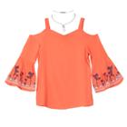 Girls 7-16 Iz Amy Byer Embroidered Bell Sleeve Cold-shoulder Top With Choker Necklace, Size: Medium, Lt Orange