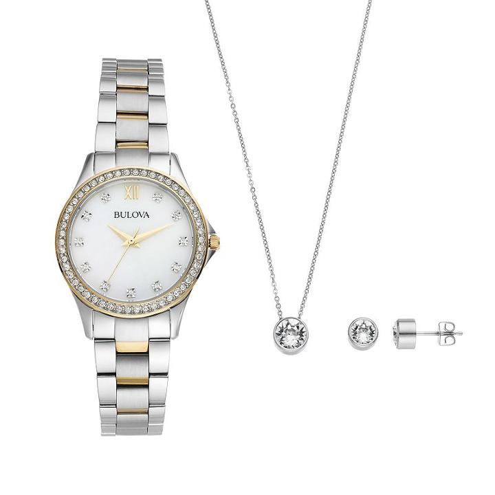 Bulova Women's Crystal Stainless Steel Watch, Pendant Necklace & Earring Set - 98x112, Multicolor