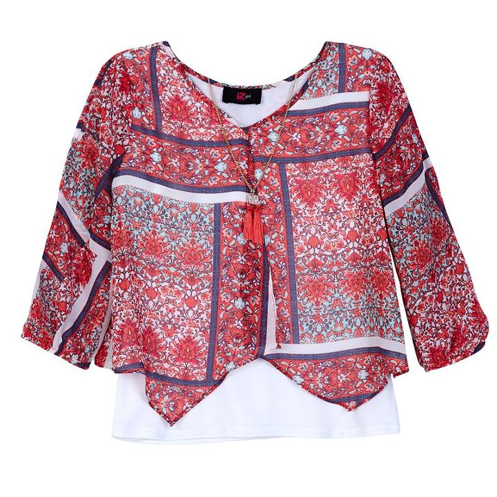 Girls 7-16 Iz Amy Byer 3/4-length Sleeve Flyaway Fashion Top With Necklace, Girl's, Size: Large, Ovrfl Oth