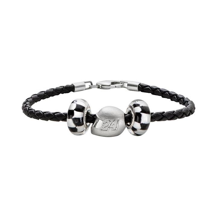 Insignia Collection Nascar Jeff Gordon Leather Bracelet And Sterling Silver Helmet Bead Set, Women's, Size: 7.5, Black