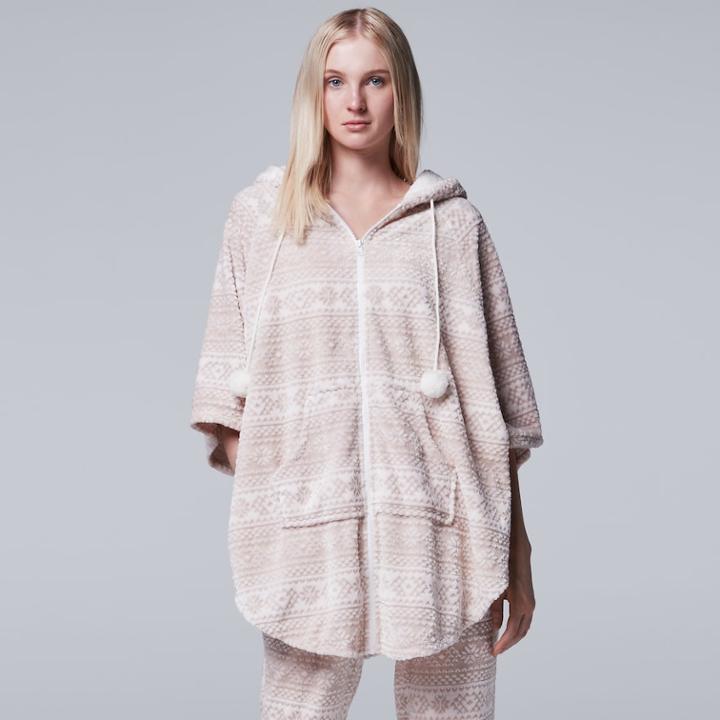 Women's Simply Vera Vera Wang Pajamas: Plush Party Fleece Hooded Poncho, Size: Small, Natural