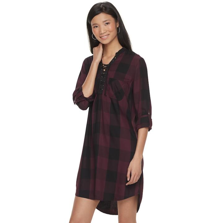 Women's Rock & Republic&reg; Plaid Lace-up Shirtdress, Size: Xs, Red